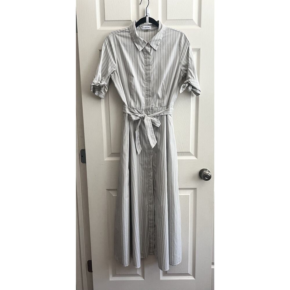 CALVIN KLEIN Gray Striped Button Front Tie Waist Shirt Maxi Dress - Picture 2 of 14